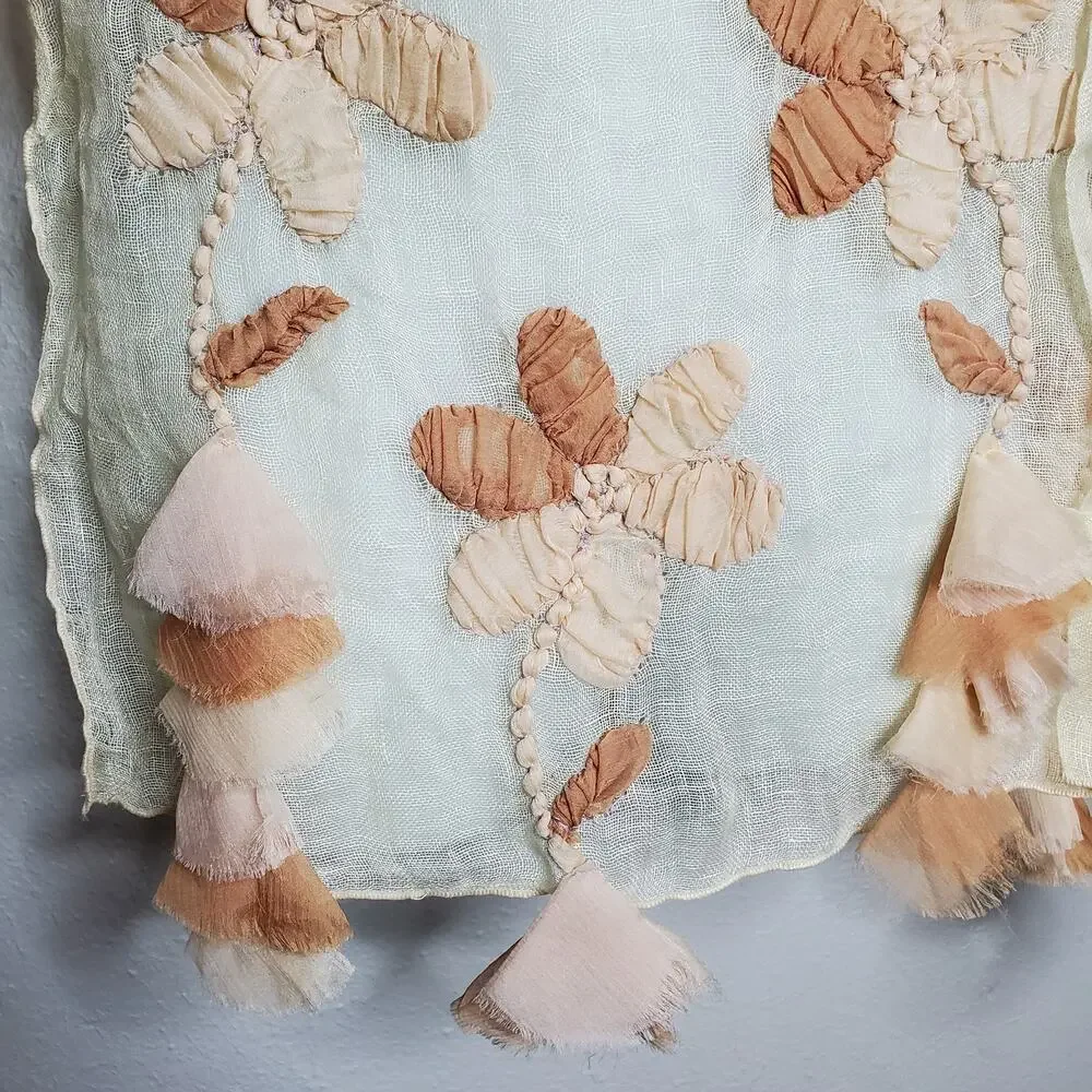 Unique Whimsical Linen Gauze Floral Applique Fringe Sheer Scarf Ethereal Earthy